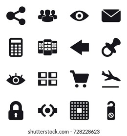16 vector icon set : share, group, eye, mail, calculator, server, left arrow, nipple, panel house, arrival, locked, do not distrub
