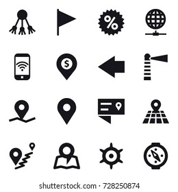 16 vector icon set : share, flag, percent, globe connect, phone wireless, dollar pin, left arrow, lighthouse, map, handwheel, compass