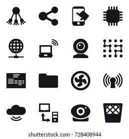 16 Vector Icon Set : Share, Touch, Chip, Globe Connect, Notebook Wireless, Web Cam, Cooler Fan, Trash Bin