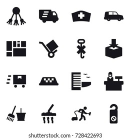 16 vector icon set : share, delivery, taxi, hotel, reception, bucket and broom, vacuum cleaner, do not distrub