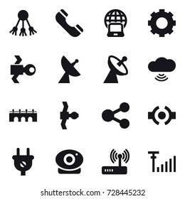 16 vector icon set : share, phone, notebook globe, gear, satellite, satellite antenna, cloud wireless, bridge