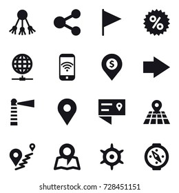 16 vector icon set : share, flag, percent, globe connect, phone wireless, dollar pin, right arrow, lighthouse, map, handwheel, compass