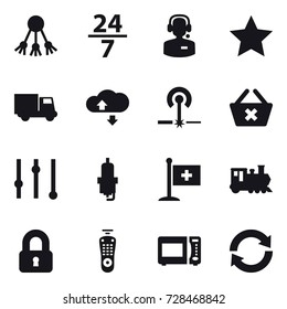 16 vector icon set : share, 24/7, call center, star, truck, cloude service, laser, delete cart, equalizer, spark plug, train, locked, reload