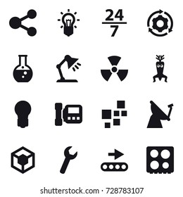 16 vector icon set : share, bulb, 24/7, around gear, round flask, table lamp, nuclear, dna modify, intercome