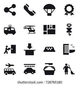 16 vector icon set : share, phone, parachute, medal, taxi, hotel, transfer, car wash, washing powder, brooming