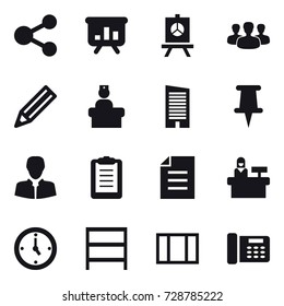 16 vector icon set : share, presentation, group, pencil, skyscraper, reception, watch, rack, window
