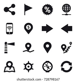 16 vector icon set : share, flag, percent, globe connect, phone wireless, dollar pin, right arrow, left arrow, lighthouse, map, handwheel, compass, reload