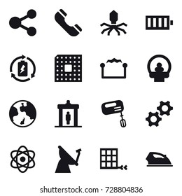 16 vector icon set : share, phone, virus, battery, battery charge, cpu, electrostatic, earth, detector, mixer, iron