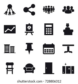 16 vector icon set : share, team, group, statistic, presentation, calculator, district, table, chair, armchair, door, clean  window