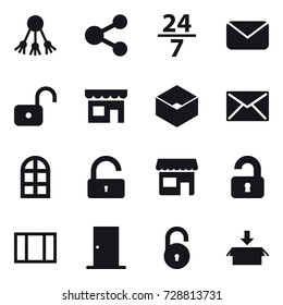 16 vector icon set : share, 24/7, mail, unlock, shop, box, arch window, unlocked, window, door, package