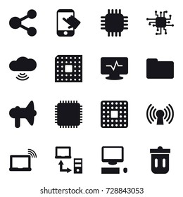 16 vector icon set : share, touch, chip, cloud wireless, cpu, loudspeaker, trash bin