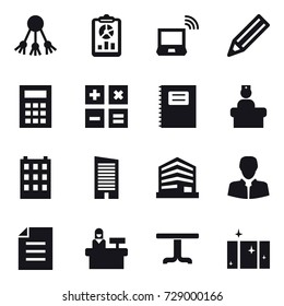 16 vector icon set : share, report, notebook wireless, pencil, calculator, copybook, building, skyscraper, reception, table, clean  window