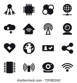 16 vector icon set : share, chip, atom core, globe connect, cloude service, wireless home, antenna, web cam, check in
