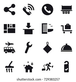 16 vector icon set : share, call, phone, hotel, baggage trolley, transfer, rag, vacuum cleaner, house cleaning, please clean