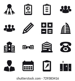16 vector icon set : share, report, clipboard, group, pencil, calculator, skyscraper, building, school, clean  window