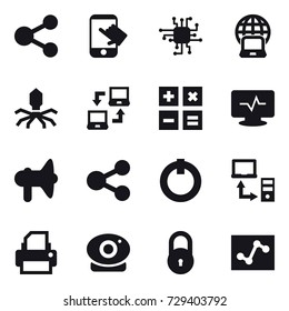 16 vector icon set : share, touch, chip, notebook globe, virus, notebook connect, calculator, loudspeaker