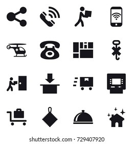 16 vector icon set : share, call, courier, phone wireless, atm, baggage trolley, rag, house cleaning