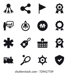 16 vector icon set : share, flag, medal, presentation, rocket, crypto currency, university, train, tennis, handwheel