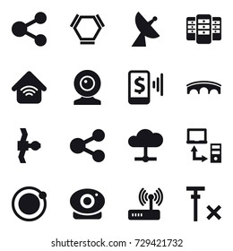 16 vector icon set : share, hex molecule, satellite antenna, server, wireless home, web cam, mobile pay, bridge