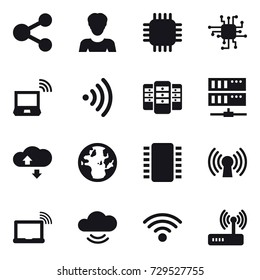16 vector icon set : share, woman, chip, notebook wireless, wireless, server, cloude service