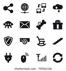16 vector icon set : share, globe connect, notebook connect, cloude service, ufo, mail, shield, surveillance camera, rocking chair, stairs, reload