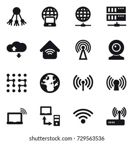 16 vector icon set : share, notebook globe, globe connect, server, cloude service, wireless home, antenna, web cam, chip, wireless