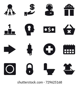 16 vector icon set : share, investment, call center, gift, pedestal, bulb head, money, delete cart, right arrow, spark plug, ring button, toilet, handle washing