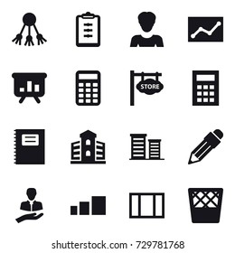 16 vector icon set : share, clipboard, woman, statistic, presentation, calculator, store signboard, copybook, building, district, pencil, window, trash bin