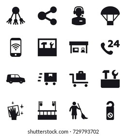 16 vector icon set : share, call center, parachute, phone wireless, tools, gas station, baggage trolley, repair tools, wiping, skyscapers cleaning, brooming, do not distrub