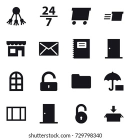 16 vector icon set : share, 24/7, delivery, shop, mail, copybook, door, arch window, unlock, window, package