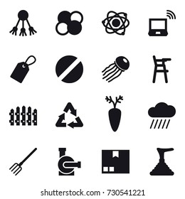 16 vector icon set : share, atom core, atom, notebook wireless, label, jellyfish, Chair for babies, fence, rain cloud, fork, water pump, package, plunger
