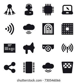 16 vector icon set : share, call center, chip, notebook, wireless, cloud wireless, fingerprint, cpu, loudspeaker, surveillance camera, trash bin