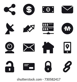 16 vector icon set : share, dollar, money, mail, satellite antenna, up down arrow, server, crypto currency, web cam, home, unlocked