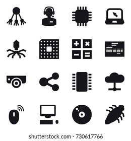 16 vector icon set : share, call center, chip, notebook, virus, cpu, calculator, surveillance camera, bug