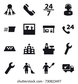 16 vector icon set : share, phone, 24/7, call center, delivery, tools, gas station, taxi, hotel, reception, wrench, brooming, woman with pipidaster, home call cleaning