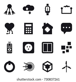 16 vector icon set : share, cloude service, smartwatch, electrostatic, cardio chip, calculator, smart house, remote control, power socket, power switch, windmill