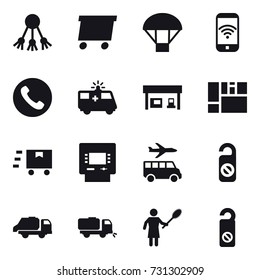 16 vector icon set : share, delivery, parachute, phone wireless, phone, gas station, atm, transfer, do not distrub, trash truck, sweeper, woman with pipidaster