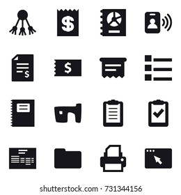16 vector icon set : share, receipt, annual report, pass card, account balance, atm receipt, list, copybook, slum