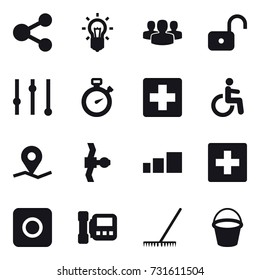 16 vector icon set : share, bulb, group, unlock, equalizer, stopwatch, first aid, ring button, intercome, rake, bucket