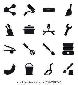 16 vector icon set : share, repair, level, broom, stands for knives, pan, garlic clasp, whisk, big spoon, eggplant, bucket, scoop, toilet brush