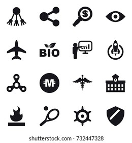 16 vector icon set : share, dollar magnifier, eye, plane, bio, presentation, rocket, spinner, crypto currency, university, tennis, hand wheel