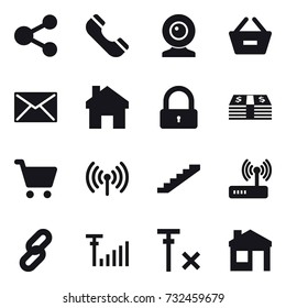 16 vector icon set : share, phone, web cam, remove from basket, mail, home, lock, wireless, stairs, house