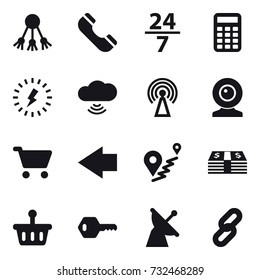 16 vector icon set : share, phone, 24/7, calculator, lightning, cloud wireless, antenna, web cam, cart, left arrow, key