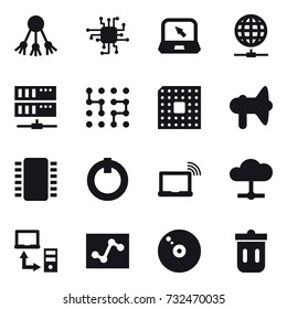 16 vector icon set : share, chip, notebook, globe connect, server, cpu, loudspeaker, trash bin