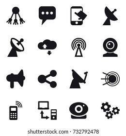 16 vector icon set : share, message, touch, satellite antenna, cloude service, antenna, web cam, loudspeaker, gears
