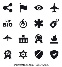 16 vector icon set : share, flag, eye, plane, bio, rocket, university, medal, handwheel
