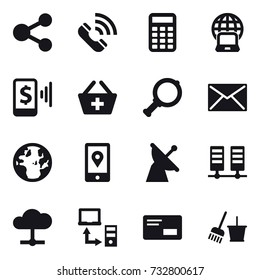 16 vector icon set : share, call, calculator, notebook globe, mobile pay, add to basket, magnifier, mail, bucket and broom