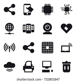 16 vector icon set : share, touch, chip, globe connect, server, web cam, wireless, trash bin