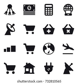16 vector icon set : share, money, calculator, notebook globe, satellite antenna, cart, add to basket, delete cart, earth, arrival, home