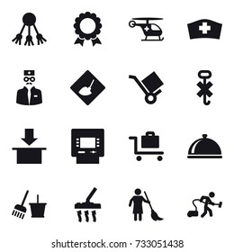 16 vector icon set : share, medal, under construction, atm, baggage trolley, bucket and broom, vacuum cleaner, brooming